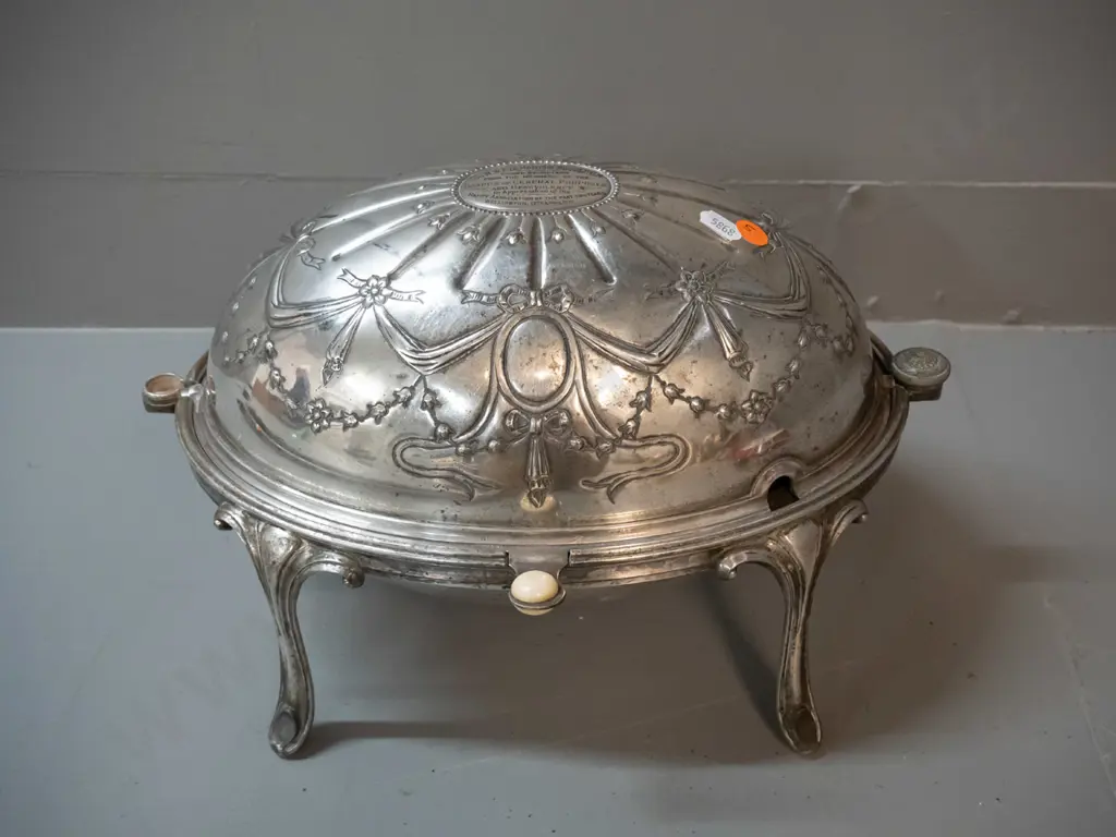 silver plated serving / warming dish with rotating dome cover with 1912 presentation engraving - some loss of plating, Image 1++