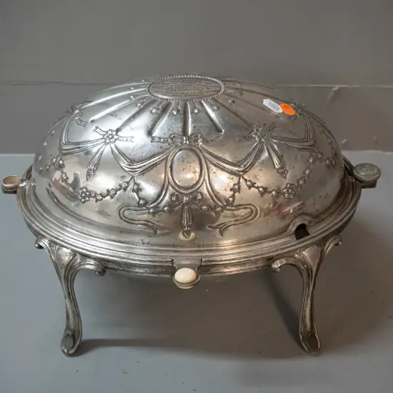 silver plated serving / warming dish with rotating dome cover with 1912 presentation engraving - some loss of plating,