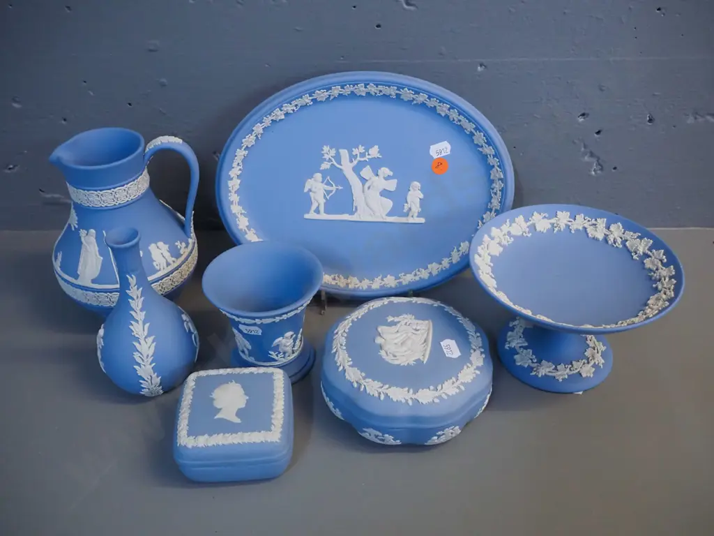 assorted Wedgwood light blue jasperware - small ashett L-250 W-200, comport dish, large jug, 2 vases, 2 lidded trinkets Image 1++