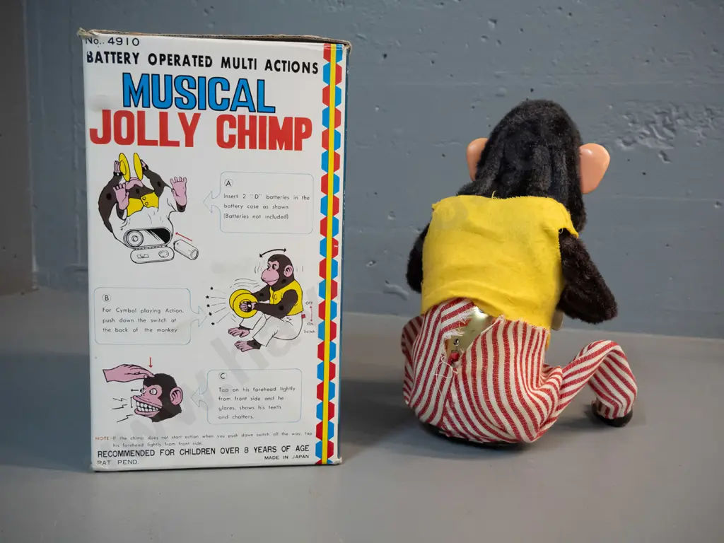 retro battery powered musical chimp toy with original box - untested, but battery compartment clean. H-250 Image 1++
