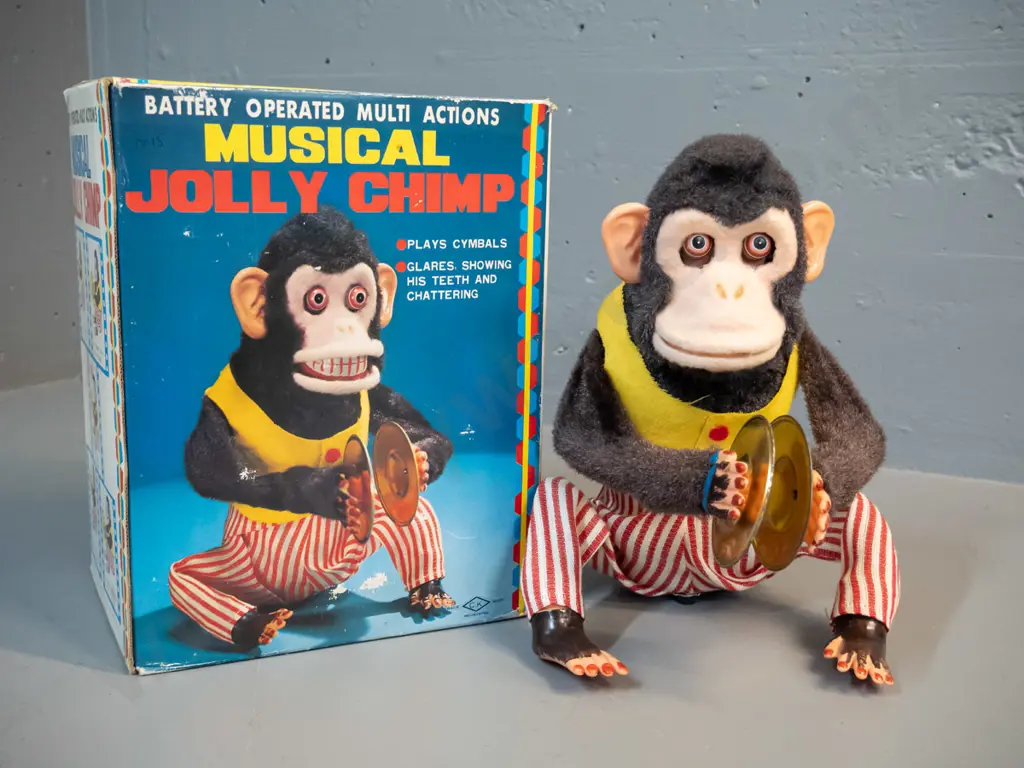 retro battery powered musical chimp toy with original box - untested, but battery compartment clean. H-250 Image 1++