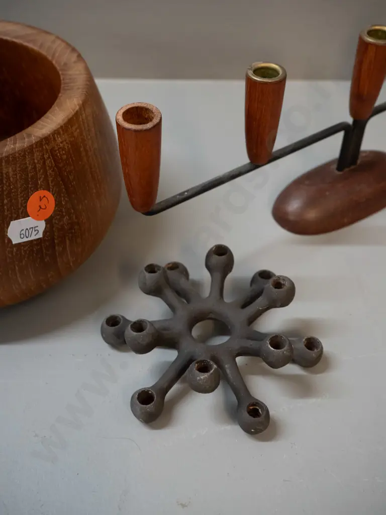 retro timber ware - metal and wood candelabra, Dansk Design Denmark bowl and cast iron taper candle holder, timber Image 1++