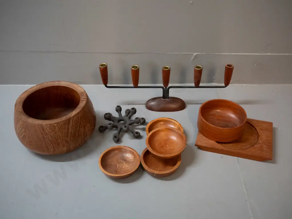 retro timber ware - metal and wood candelabra, Dansk Design Denmark bowl and cast iron taper candle holder, timber Image 1++