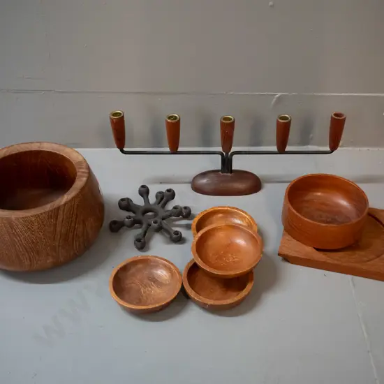retro timber ware - metal and wood candelabra, Dansk Design Denmark bowl and cast iron taper candle holder, timber