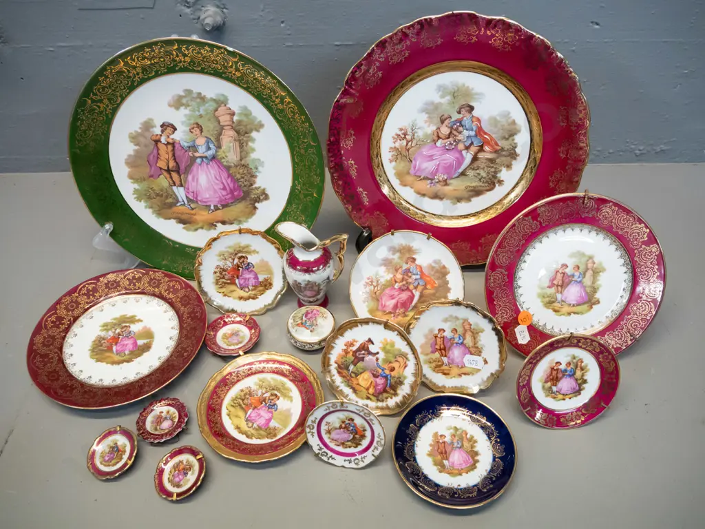 assorted Limoges romance scene china items - 2 cabinet plates, 2 small plates, jug, lidded pill box etc. Largest plate Image 1++