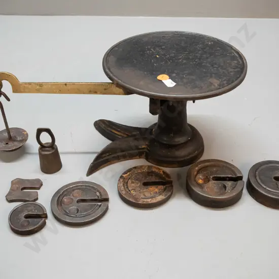 antique cast iron crow-foot style balance scales with brass arm and assorted weights - only markings are "F&S"