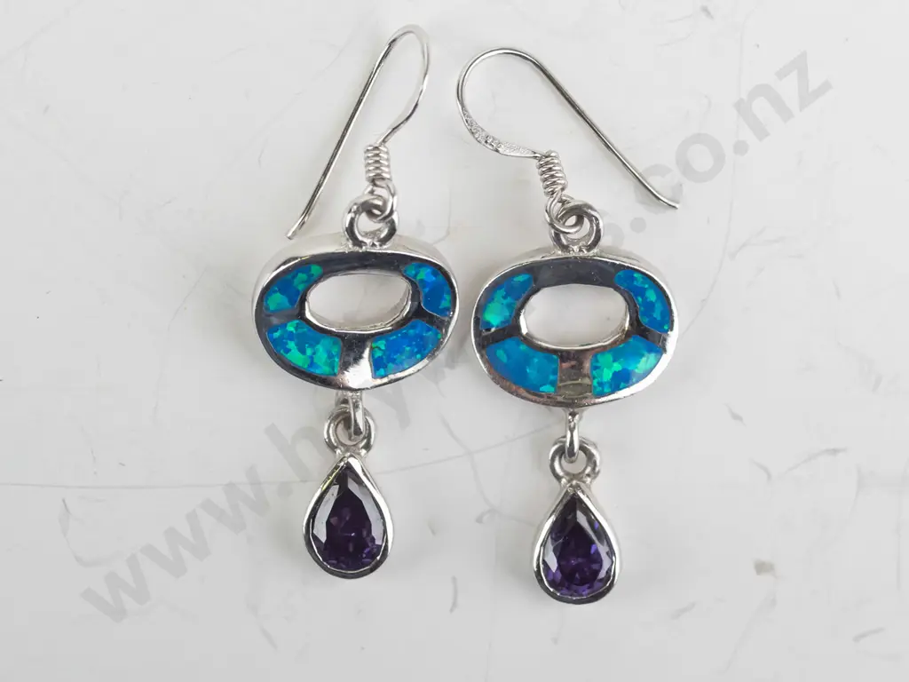 pair of silver opal & amethyst earrings stamped 925 Image 1++