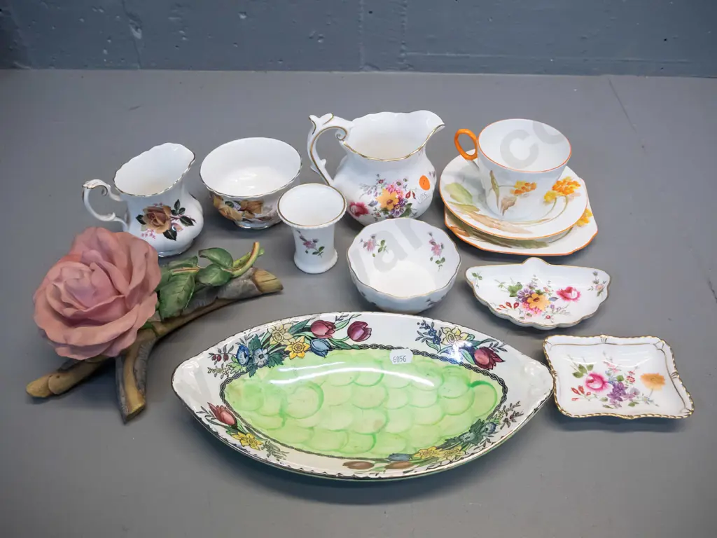 assorted English bone china and porcelain including Shelley trio, 5 pieces Derby Posies, Royal Albert cream & sugar, RHS Image 1++