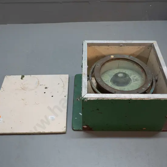 vintage ship's gimbal mounted brass compass fitted in timber case with lift off lid - some residue on glass, verdigris,