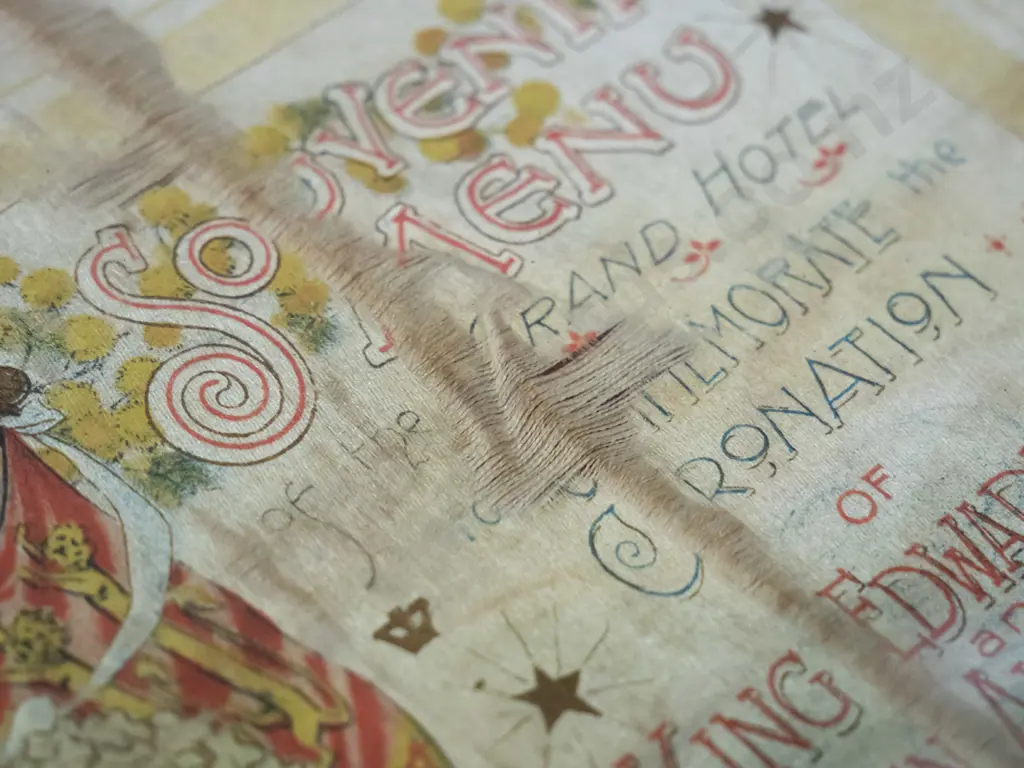 souvenir printed fabric menu from Grand Hotel Melbourne King Edward VII Coronation dinner, under glass on timber backing Image 1++