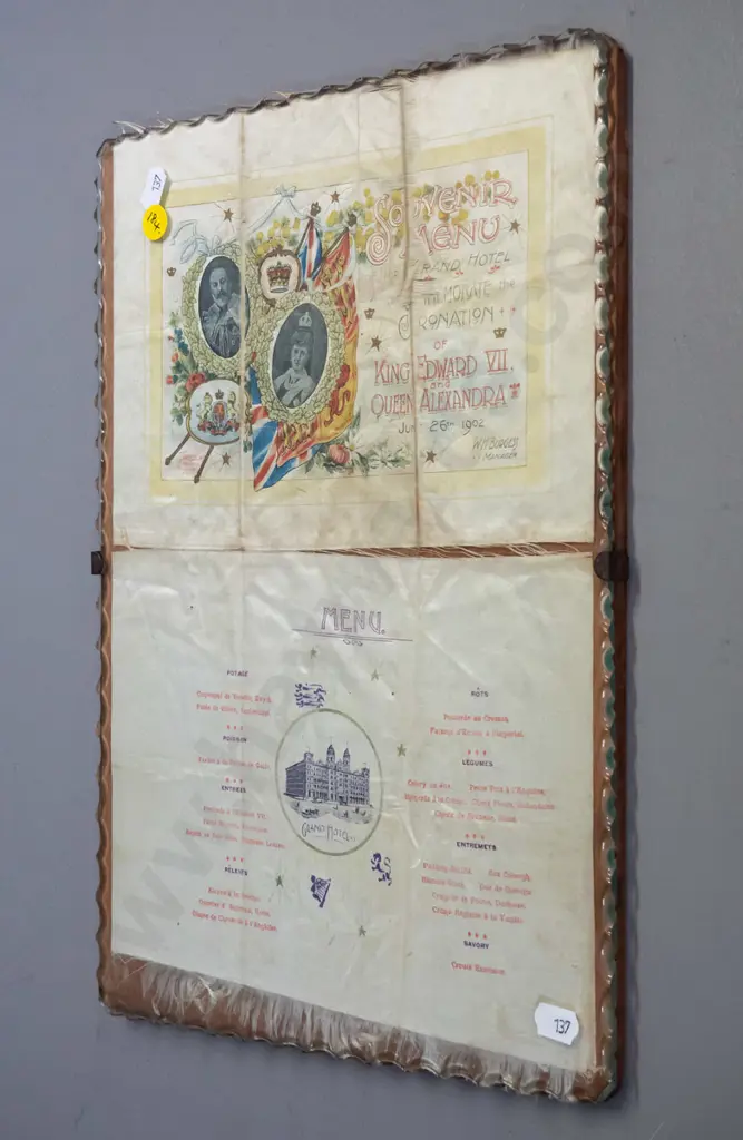 souvenir printed fabric menu from Grand Hotel Melbourne King Edward VII Coronation dinner, under glass on timber backing Image 1++