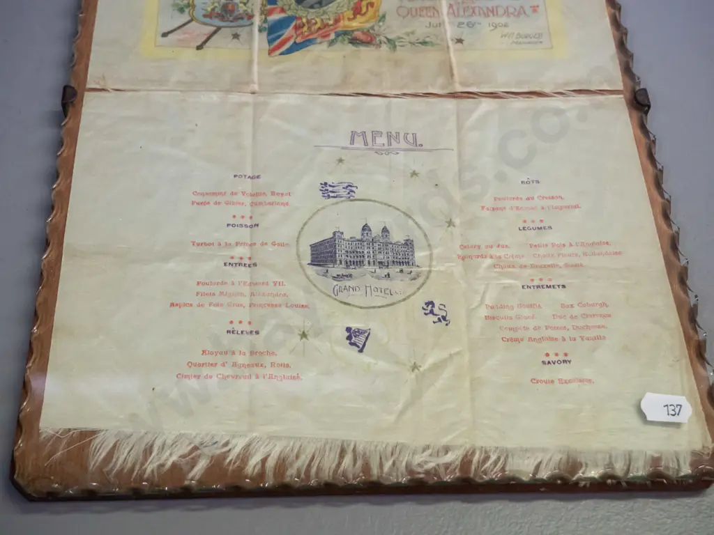 souvenir printed fabric menu from Grand Hotel Melbourne King Edward VII Coronation dinner, under glass on timber backing Image 1++