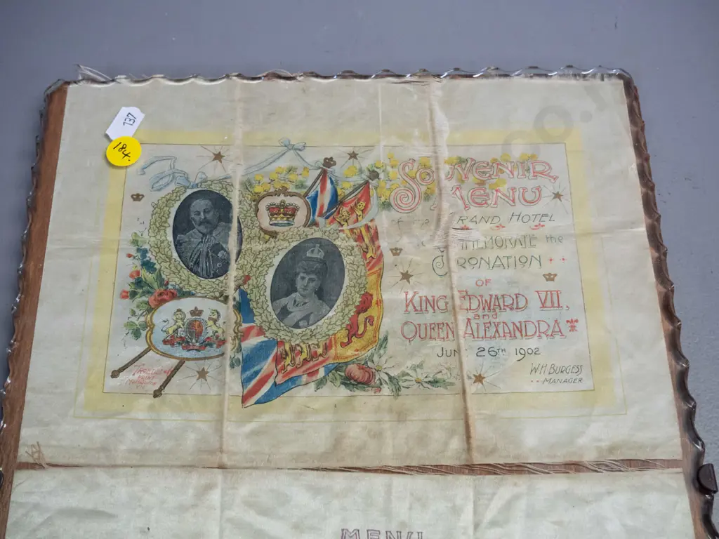 souvenir printed fabric menu from Grand Hotel Melbourne King Edward VII Coronation dinner, under glass on timber backing Image 1++