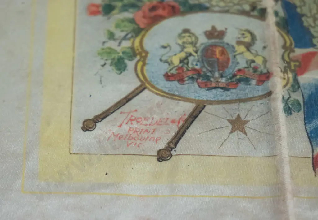 souvenir printed fabric menu from Grand Hotel Melbourne King Edward VII Coronation dinner, under glass on timber backing Image 1++