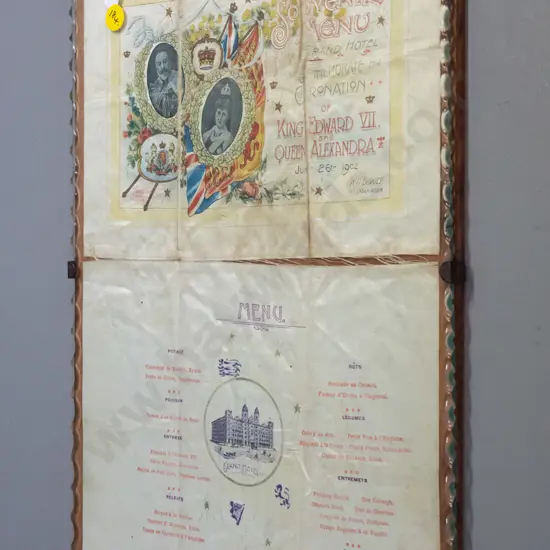 souvenir printed fabric menu from Grand Hotel Melbourne King Edward VII Coronation dinner, under glass on timber backing