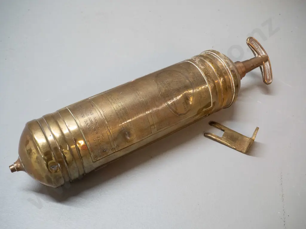 vintage Pyrene brass hand pump fire extinguisher with wall mounting bracket - made in England, marked Harrison Ramsay Image 1++