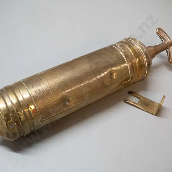 vintage Pyrene brass hand pump fire extinguisher with wall mounting bracket - made in England, marked Harrison Ramsay