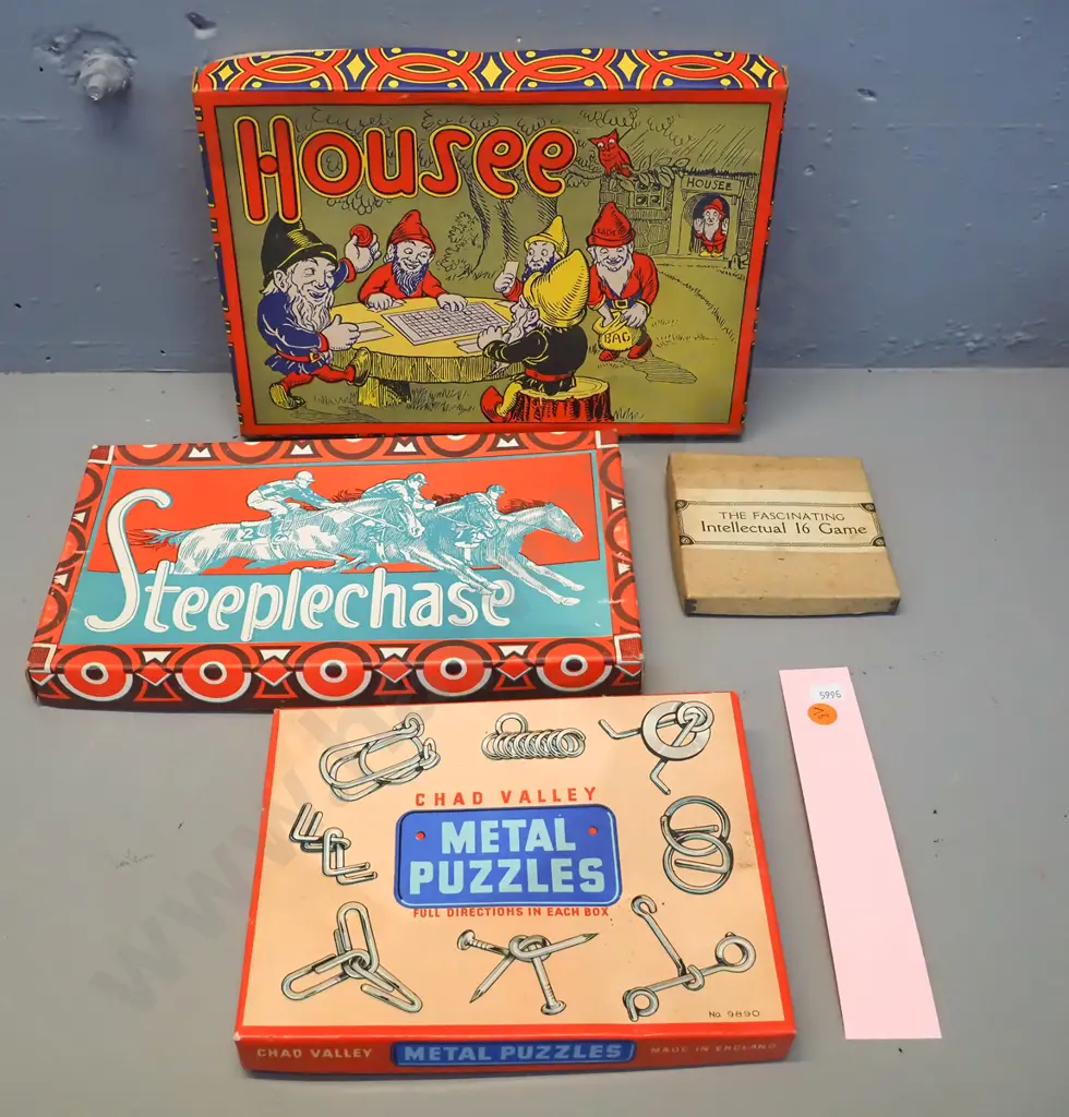4 boxed vintage toys - Chad Valley metal puzzle set, Intellectual 16 game, Housee and Steeplechase - some age wear. Image 1++