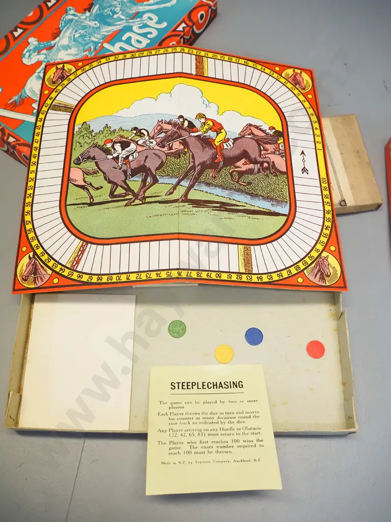 4 boxed vintage toys - Chad Valley metal puzzle set, Intellectual 16 game, Housee and Steeplechase - some age wear. Image 1++