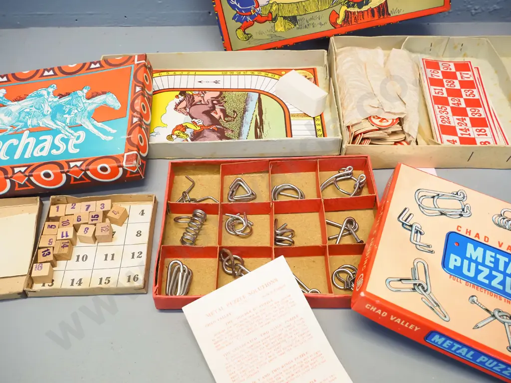 4 boxed vintage toys - Chad Valley metal puzzle set, Intellectual 16 game, Housee and Steeplechase - some age wear. Image 1++