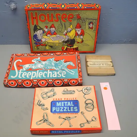 4 boxed vintage toys - Chad Valley metal puzzle set, Intellectual 16 game, Housee and Steeplechase - some age wear.