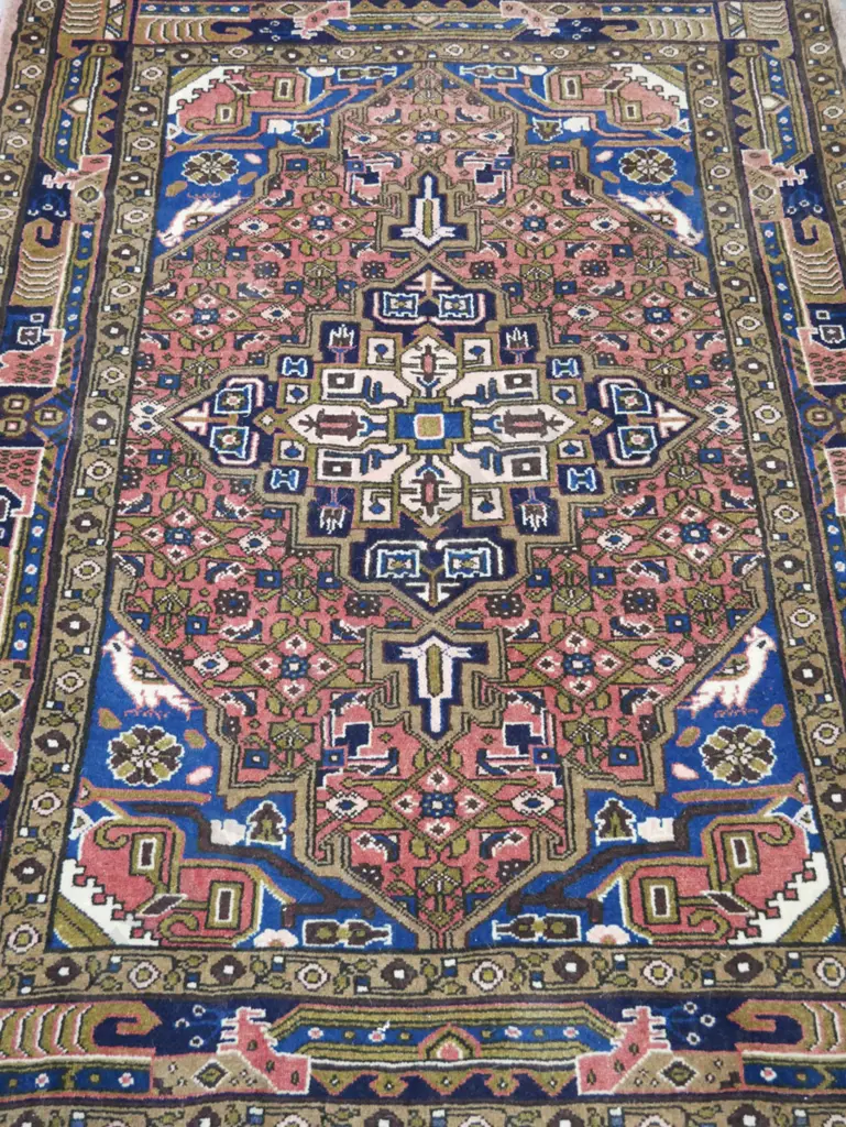 Iranian Abadeh style Persian double knot wool floor rug - bird motifs in blues, browns and pinks L1400 W1050 Image 1++