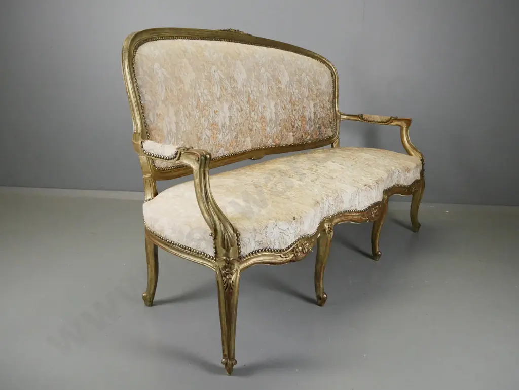 19th century French cab-leg open-arm sofa with gilt finish, floral brocade fabric, gilded studding - fading and Image 1++