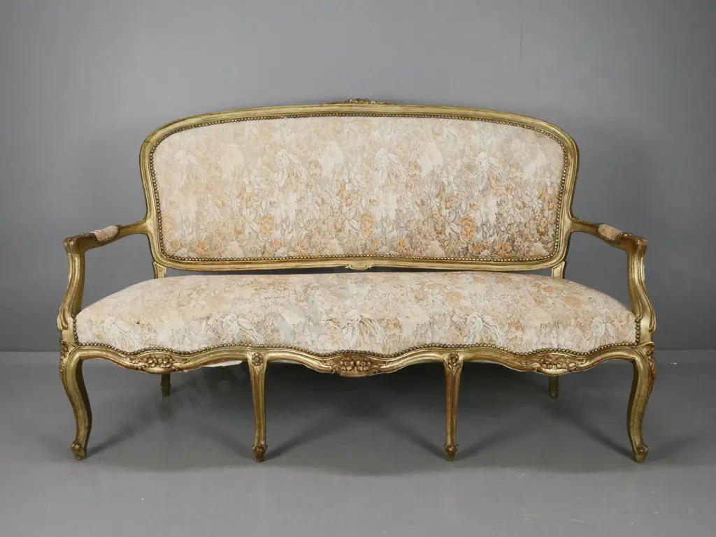 19th century French cab-leg open-arm sofa with gilt finish, floral brocade fabric, gilded studding - fading and Image 1++