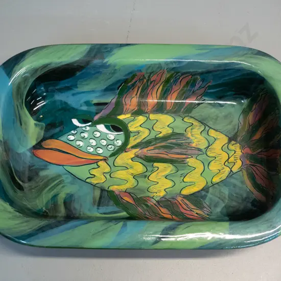 Tom Walker studio pottery fish motif dish H-55 L-320 W-215 - some usage wear and underside of rim needs