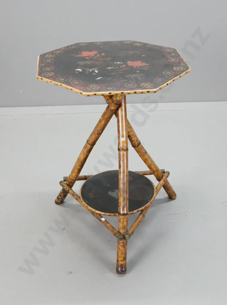 vintage octagonal laquer top table with bamboo twisted tripod base, round laquer lower shelf - scroll edge, hand painted Image 1++