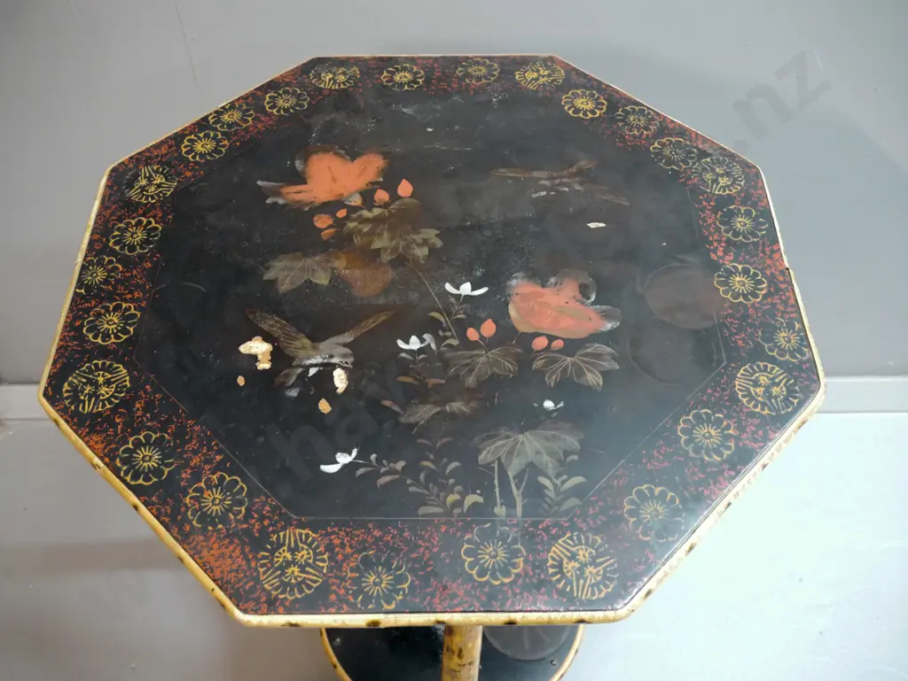 vintage octagonal laquer top table with bamboo twisted tripod base, round laquer lower shelf - scroll edge, hand painted Image 1++
