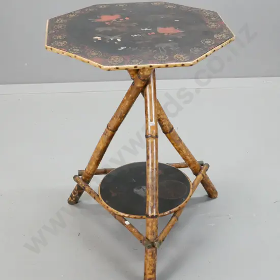 vintage octagonal laquer top table with bamboo twisted tripod base, round laquer lower shelf - scroll edge, hand painted