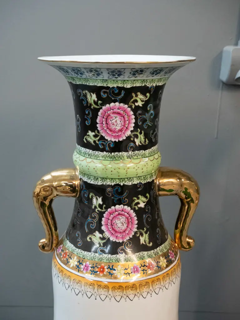 pair of very large pear shaped Chinese floor vases with gilt elephant head handles, raised peacock and flower motifs & Image 1++