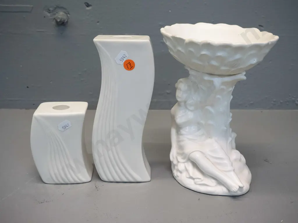 2 Belleek wave shaped candle holders, taller is H-200 and a Japanese figural comport Image 1++