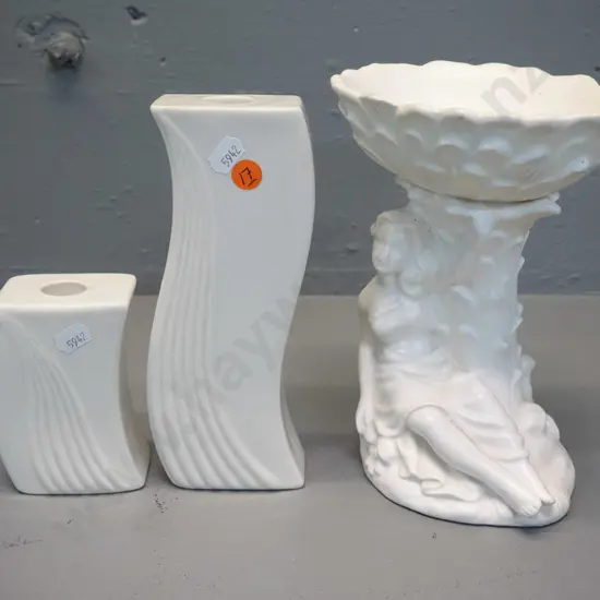 2 Belleek wave shaped candle holders, taller is H-200 and a Japanese figural comport