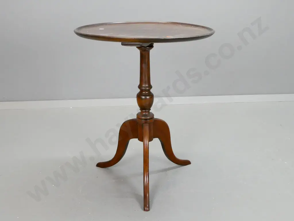 vintage beech circular dished-top wine table with 3-leg turned stem pedestal base - top is loose H-595 D-495 Image 1++