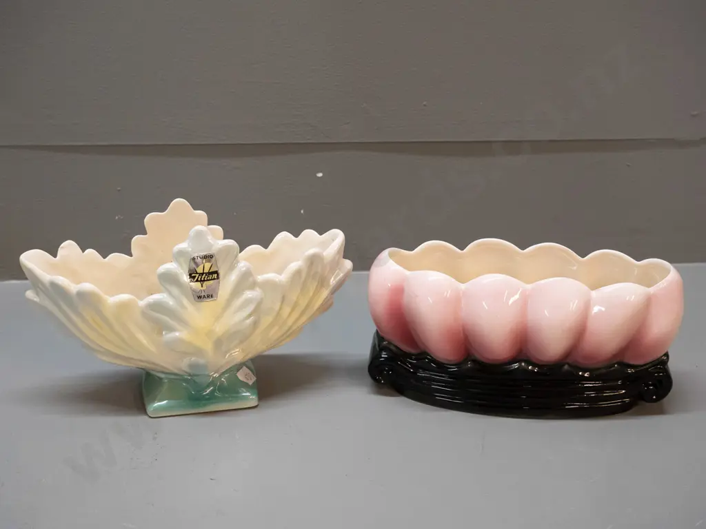 2 Titian Studio NZ lustre glaze trough vases - foliate pattern T.102 & pink one marked B.104 Image 1++