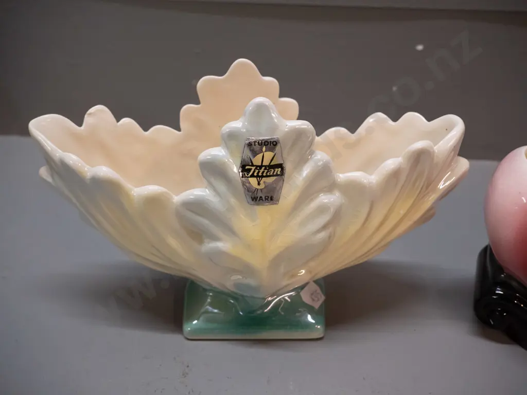 2 Titian Studio NZ lustre glaze trough vases - foliate pattern T.102 & pink one marked B.104 Image 1++