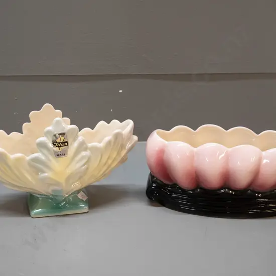 2 Titian Studio NZ lustre glaze trough vases - foliate pattern T.102 & pink one marked B.104