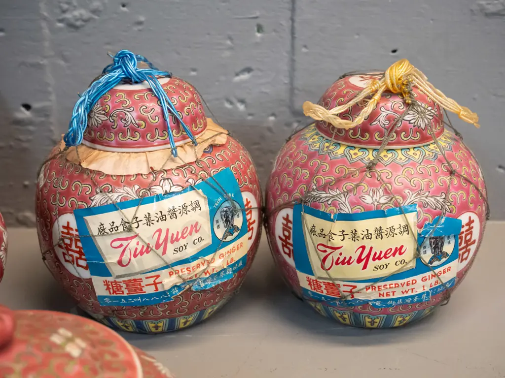 large collection of Cantonese plum colour tea ware and 2 ginger jars with original labels. 9 cups, 10 saucers, Image 1++