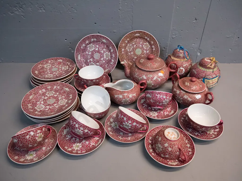 large collection of Cantonese plum colour tea ware and 2 ginger jars with original labels. 9 cups, 10 saucers, Image 1++