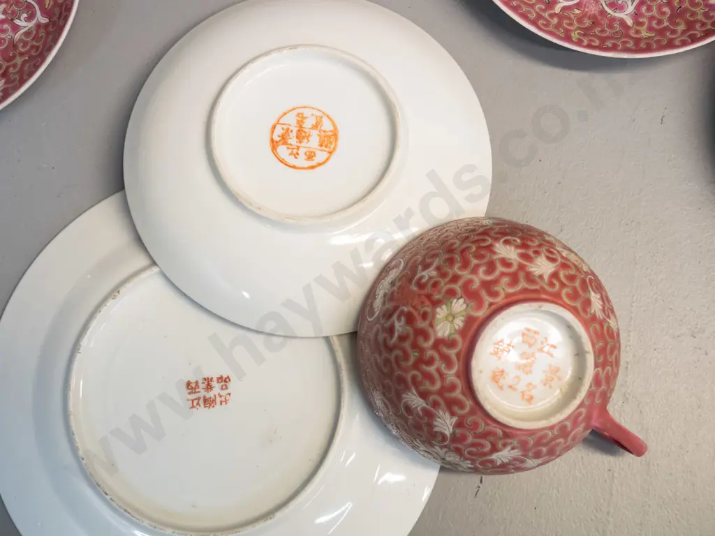 large collection of Cantonese plum colour tea ware and 2 ginger jars with original labels. 9 cups, 10 saucers, Image 1++
