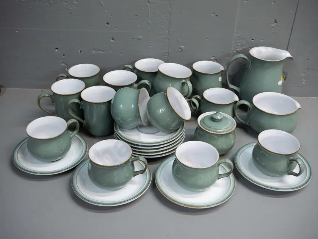 Denby "Regency Green" pattern tea ware - 12 cups & saucers, 5 coffee mugs, 4 jugs, lidded sugar, spare saucer Image 1++