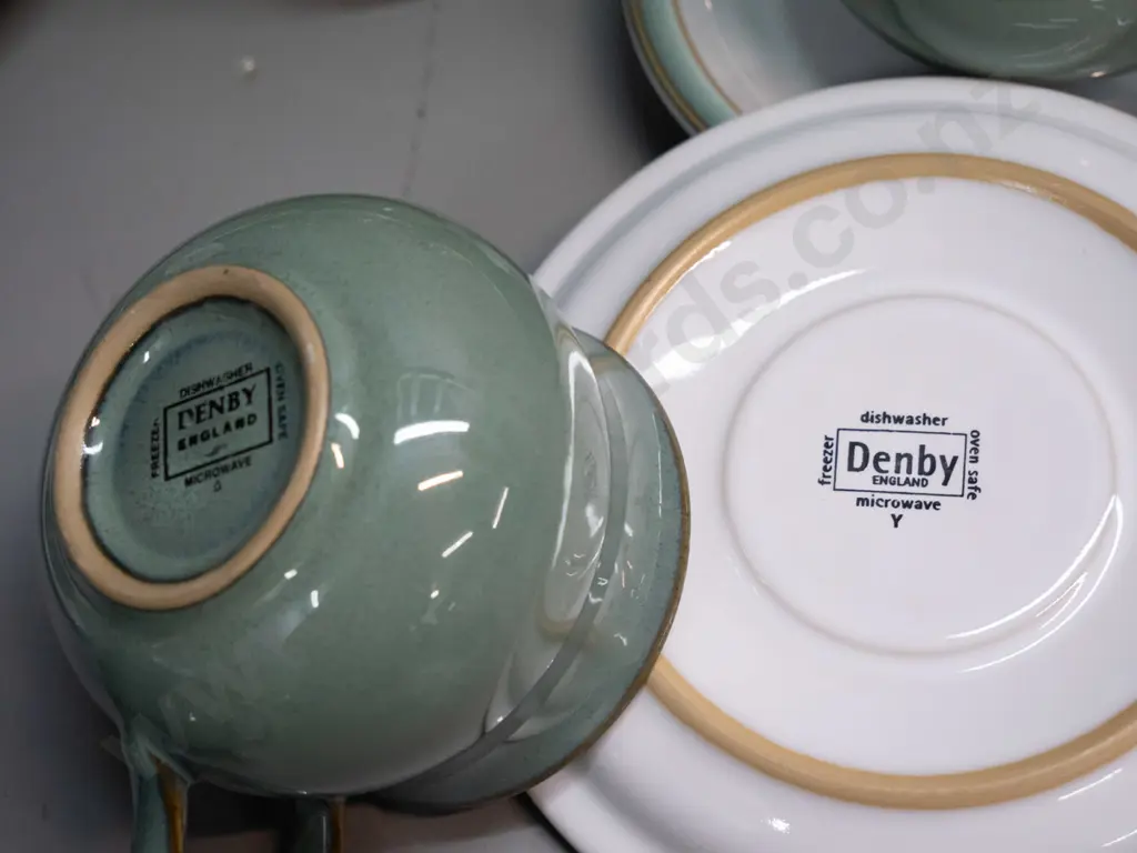 Denby "Regency Green" pattern tea ware - 12 cups & saucers, 5 coffee mugs, 4 jugs, lidded sugar, spare saucer Image 1++
