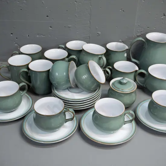 Denby "Regency Green" pattern tea ware - 12 cups & saucers, 5 coffee mugs, 4 jugs, lidded sugar, spare saucer