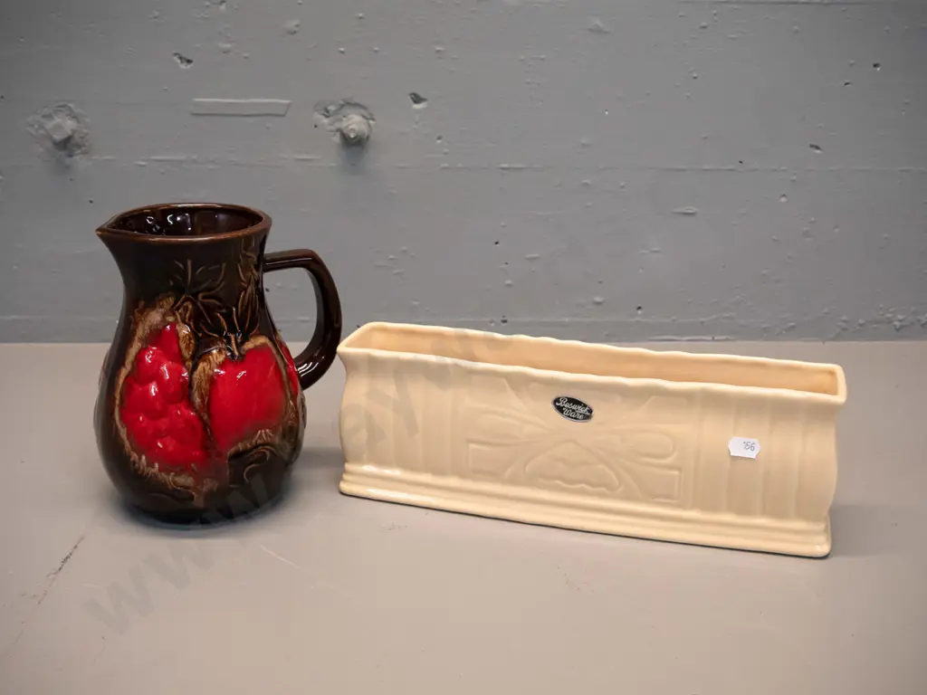 Beswick deco style trough vase - No. 732 - and a German pottery raised fruit pattern jug. Trough H-110 L-310 Image 1++
