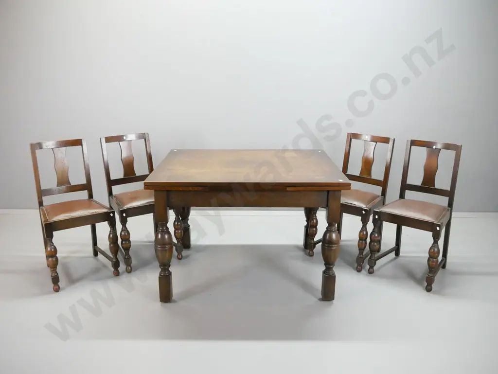 vintage oak draw-leaf dining table with bolster turned legs, 4 chairs with pop out seats, some movement in chair backs, Image 1++