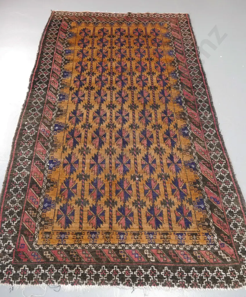 hand-knotted Persian style wool floor rug - saffron, reds, blues - fading and some stains, fringe gone L2190 W1200 Image 1++