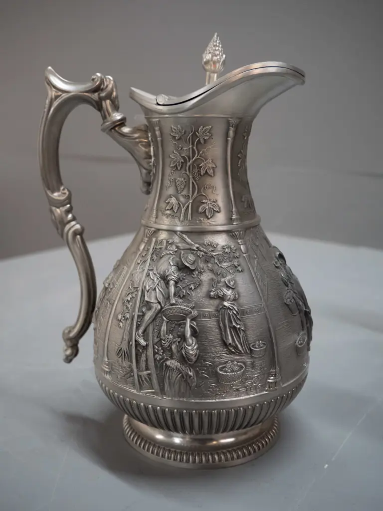 3 German pewter items - 5 candle SKS candelabra H-265 W-255, Actina lidded water jug and a Becker goblet Image 1++