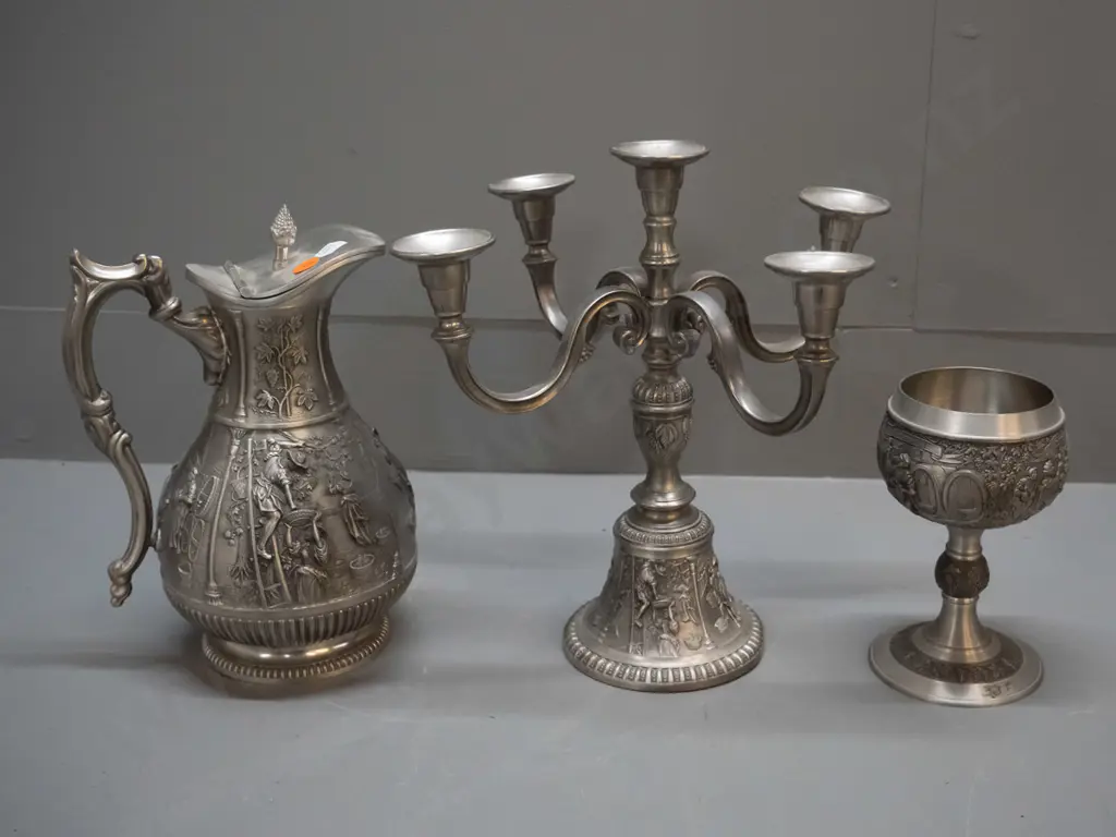 3 German pewter items - 5 candle SKS candelabra H-265 W-255, Actina lidded water jug and a Becker goblet Image 1++